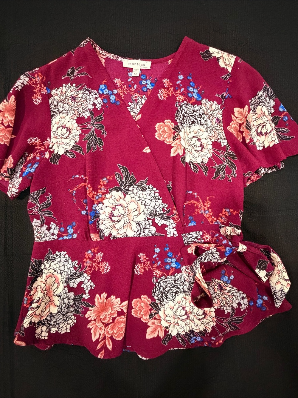 Monteau Burgundy Floral Wrap Peplum Top